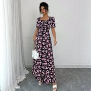Floral-print Puff-sleeve Square-neck Dress
