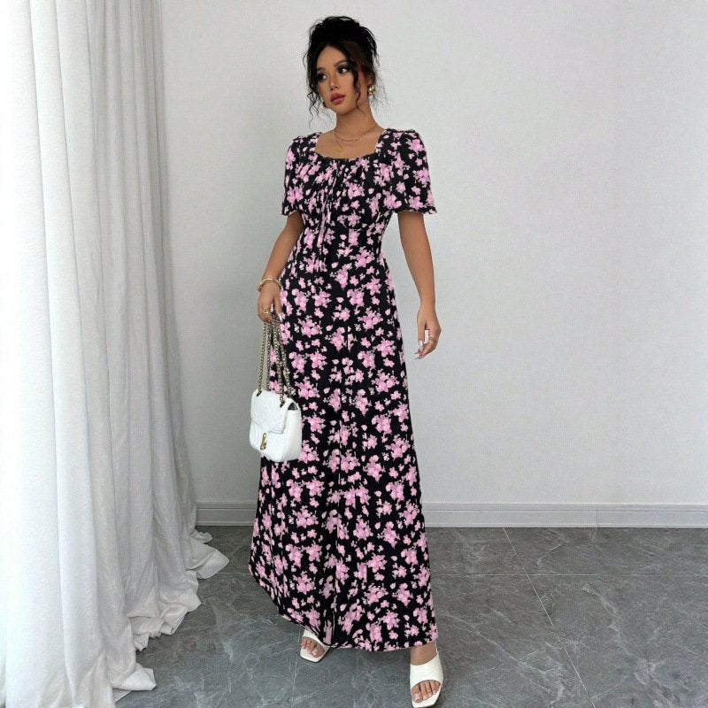 Floral-print Puff-sleeve Square-neck Dress