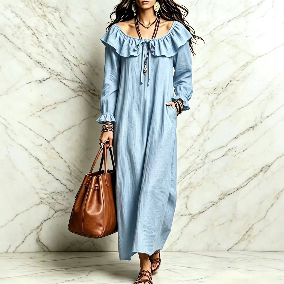 Long-sleeved Round-neck Casual Dress with Ruffled Hem