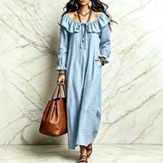 Long-sleeved Round-neck Casual Dress with Ruffled Hem
