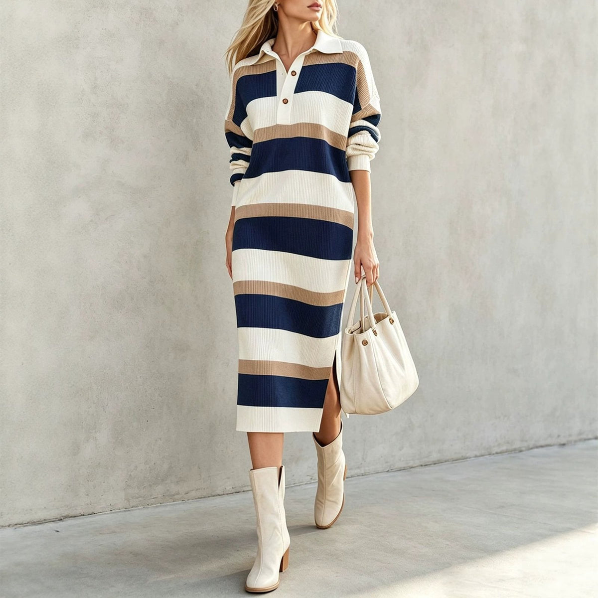 Womens Striped Knitted Midi Lapel Dress