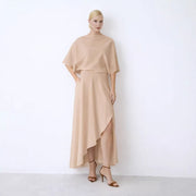 Womens Satin Solid-color Round-neck Slit Dress