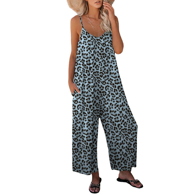 Casual Sleeveless Leopard-Print Jumpsuit With Pockets And A Relaxed Fit