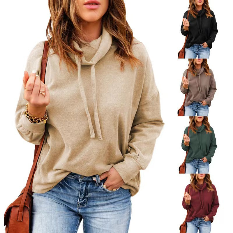 Women's High Neck Drawstring Hoodie with Long Sleeves