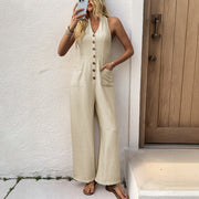 Chic Solid Color Halter Wide-Leg Jumpsuit