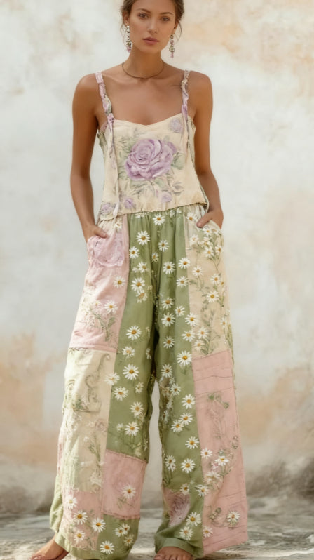 Bohemian Rose Embroidered Floral Patchwork Jumpsuit