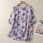 Loose Cotton-Linen V-Neck Shirt – Trendy Printed Chinese-Style Top