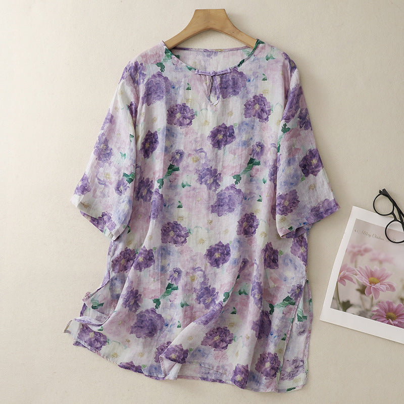 Loose Cotton-Linen V-Neck Shirt – Trendy Printed Chinese-Style Top