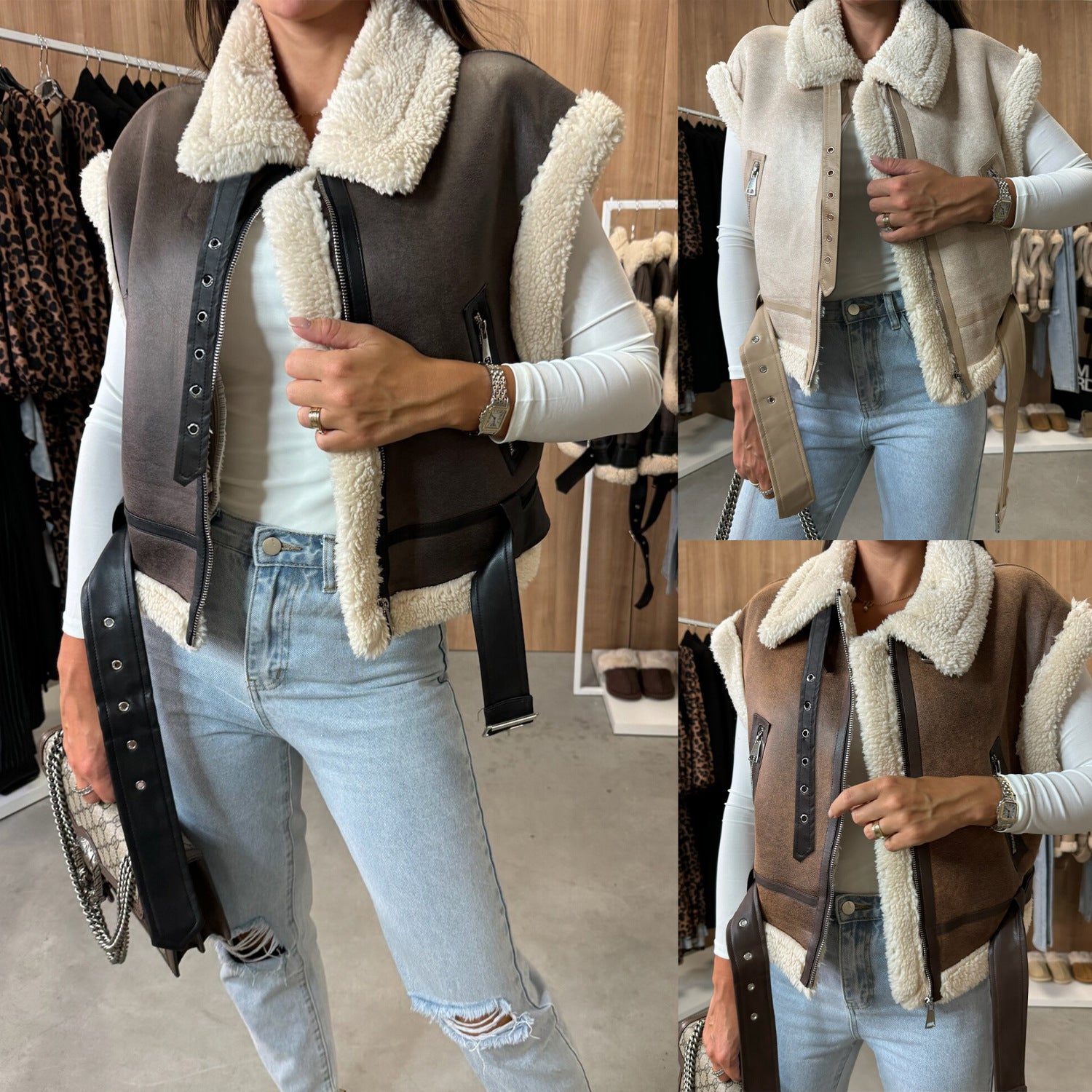 Fashion Zipper Fur Integrated Splicing Coat