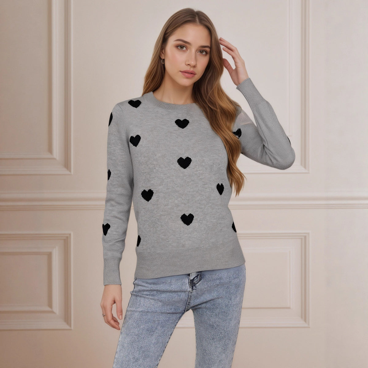 Women's Heart Jacquard Round Neck Pullover Sweater