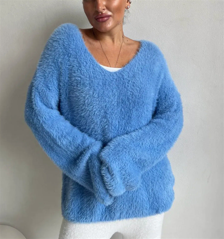 Womens Solid-colored Long-sleeve V-neck Faux Mink Velvet Knit Sweater