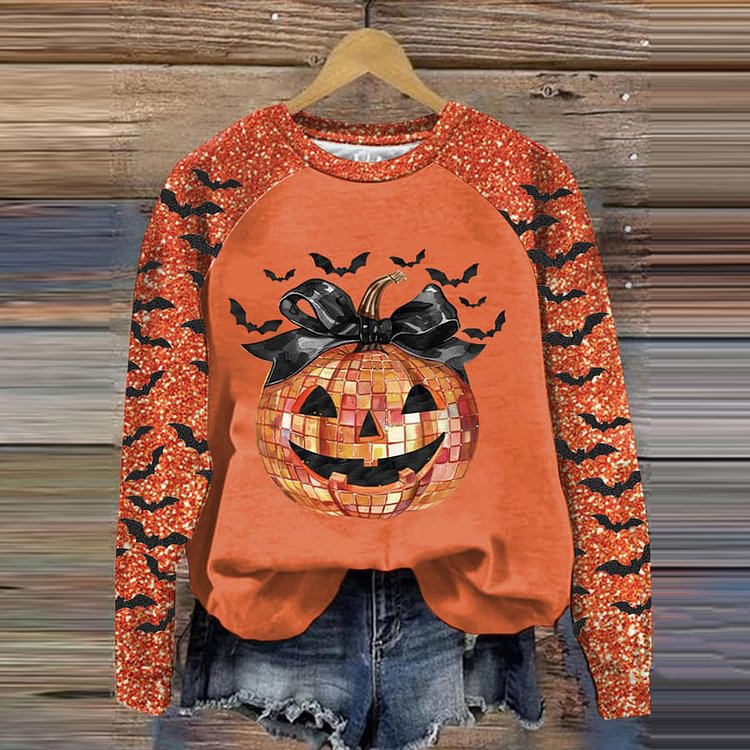 Personalized Women's Sweater Pumpkin Bow Printed Round Neck
