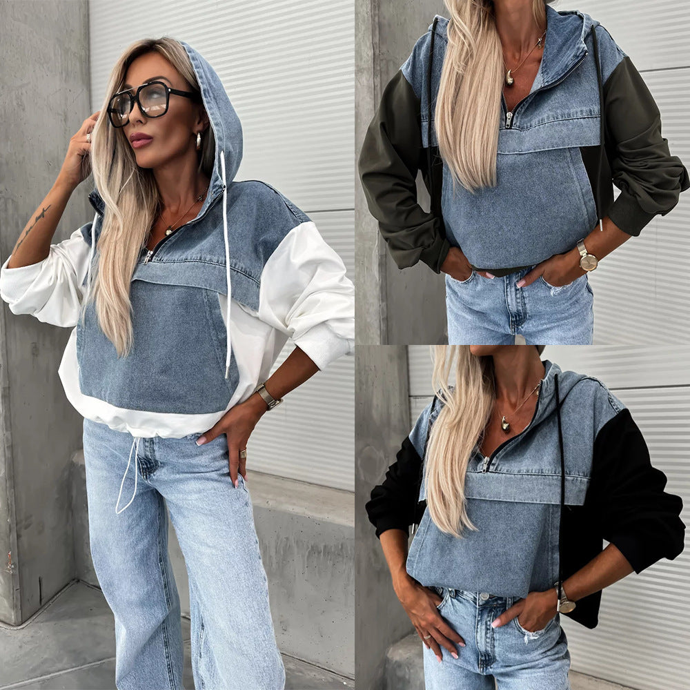 Casual Denim Patchwork Hooded Women's Sweatshirt