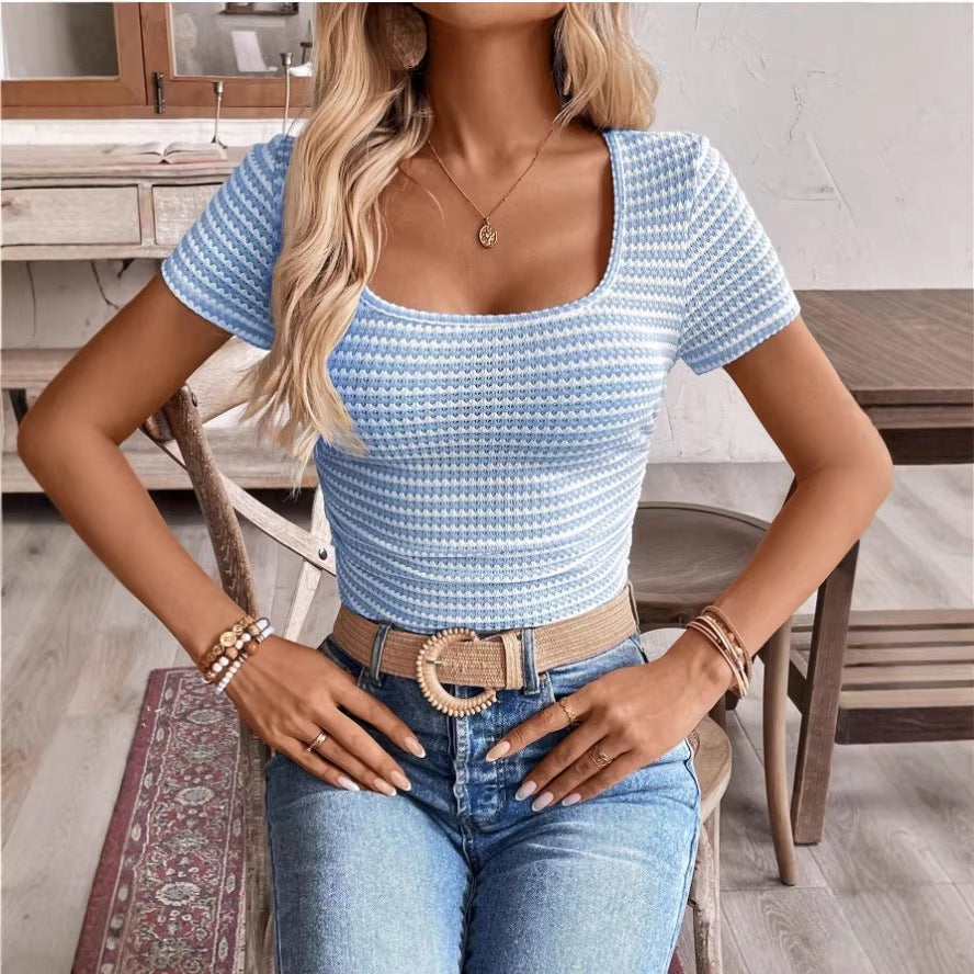 Slim-Fit Women's U‑Neck T‑Shirt with Striped Panel & Pleated Detail