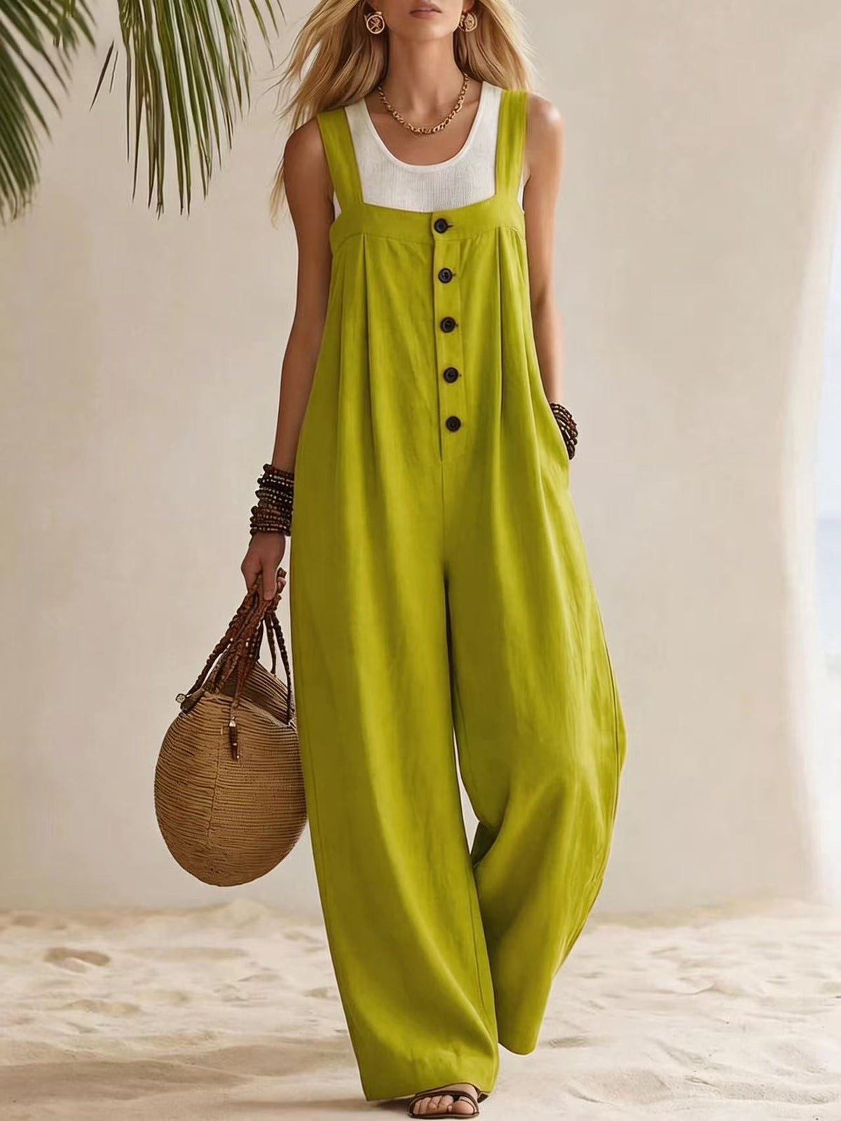 Bohemian Button-Front Suspender Jumpsuit