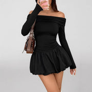 Womens Solid-color One-shoulder Long-sleeve Mini Dress