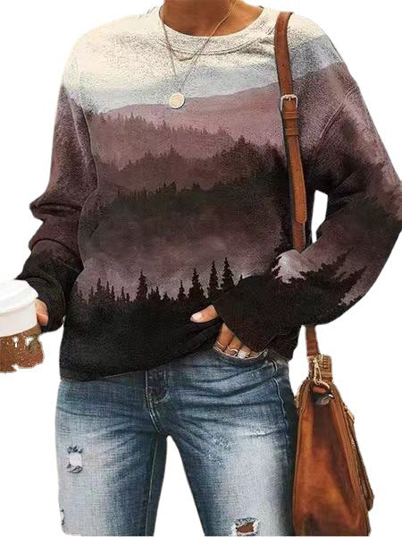 Floral Landscape Print Long Sleeve Pullover Sweatshirt