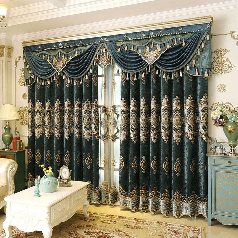 Blue Chenille Embroidered Curtains for Living Room Bedroom and Villa