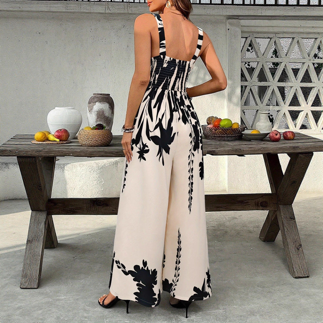 Boho Ethnic Print Tie-Waist Wide-Leg Vacation Jumpsuit