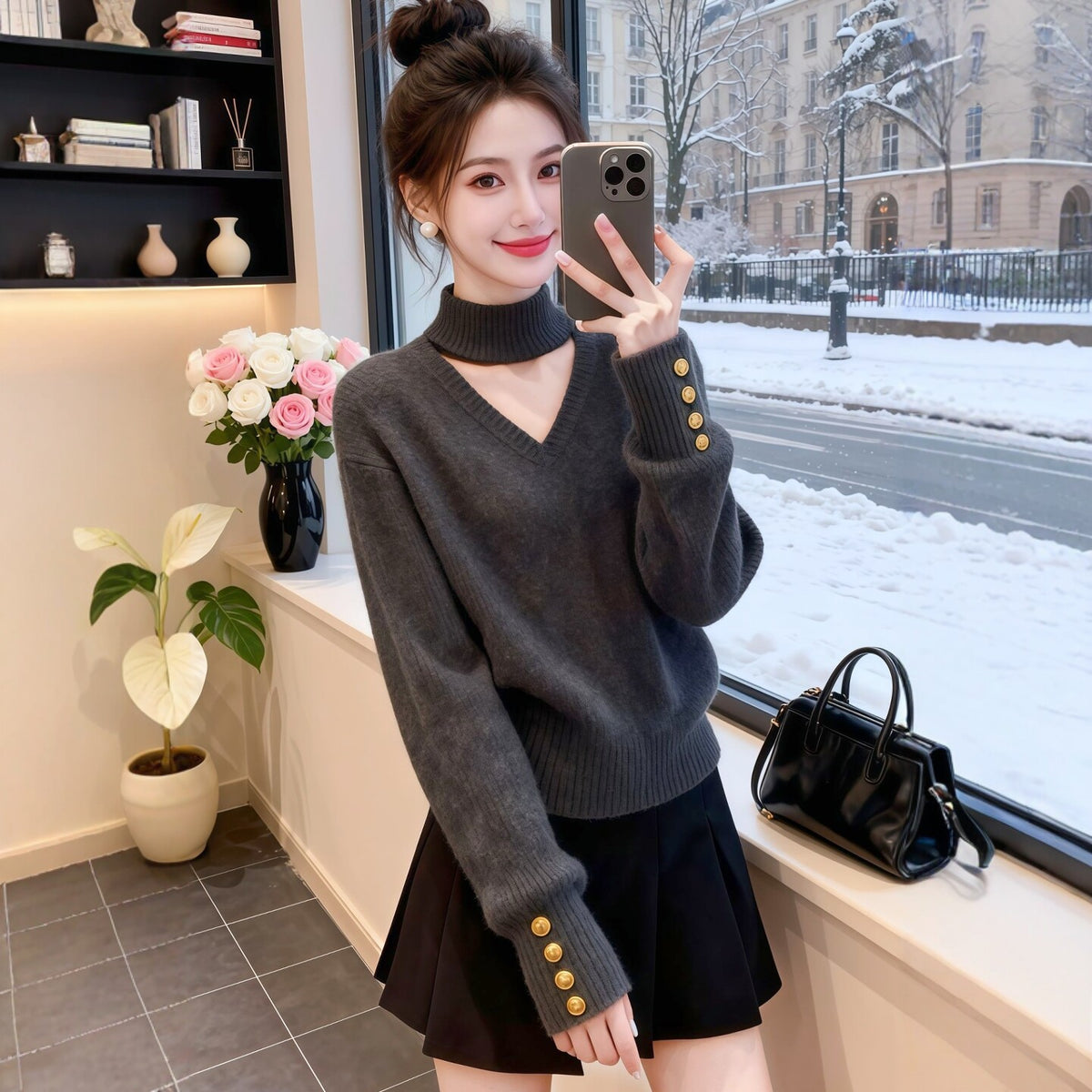 Necklace-style V-neck Knit Sweater for Women