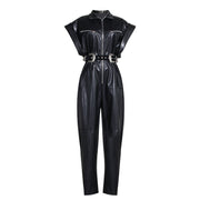 Sleek PU Leather Waist-Defining Jumpsuit