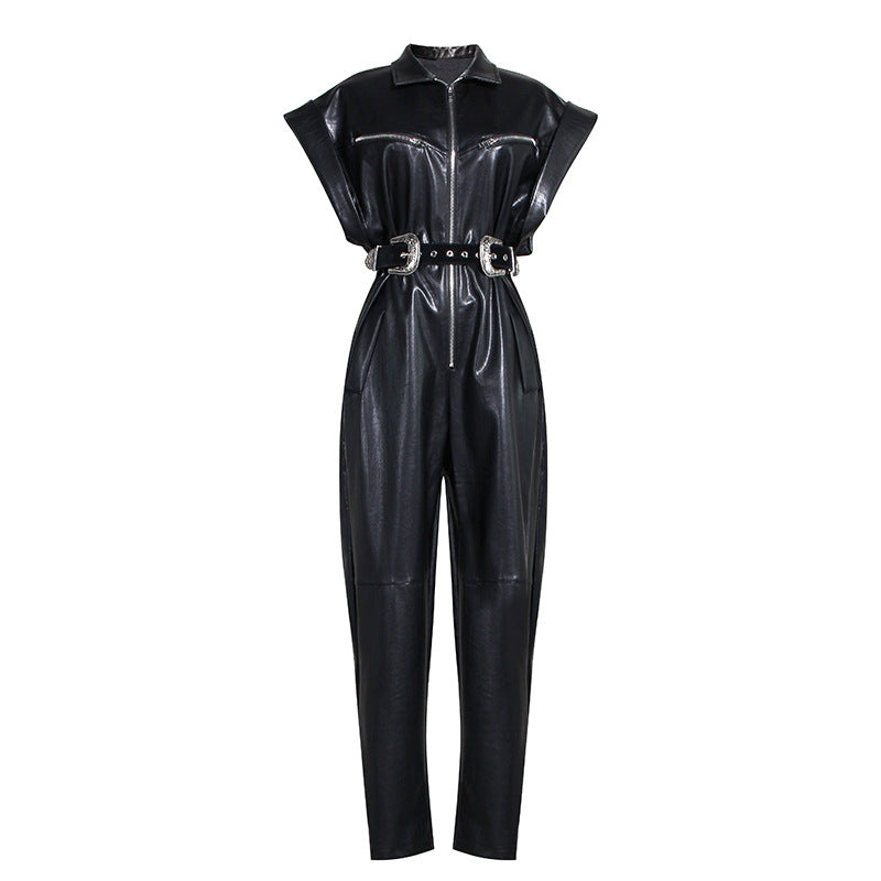 Sleek PU Leather Waist-Defining Jumpsuit