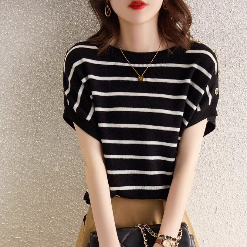 Striped Ice Silk Slim T-Shirt – Flattering, Breathable Short Sleeve