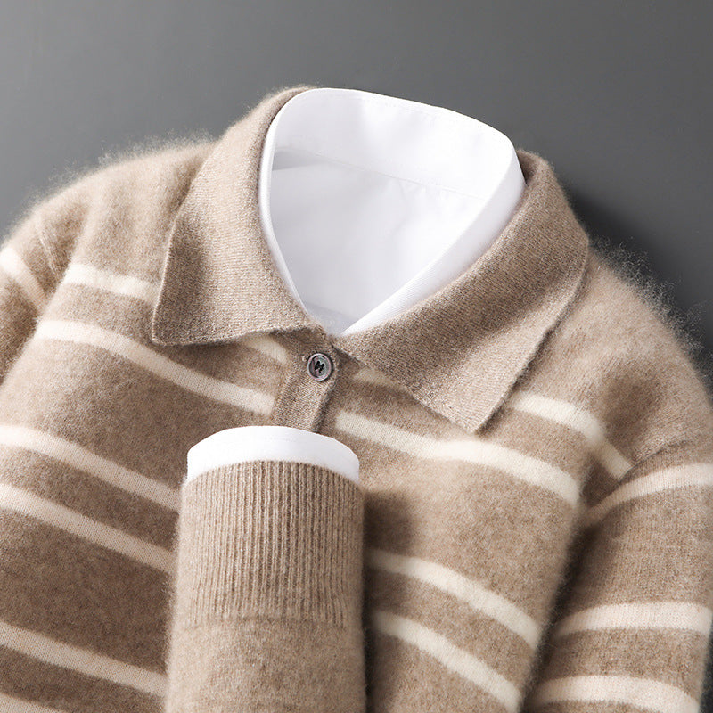 Lapel Pure Wool Sweater Striped Color Matching Half Button Pullover Long Sleeve Loose-fitting Underwear Sweater