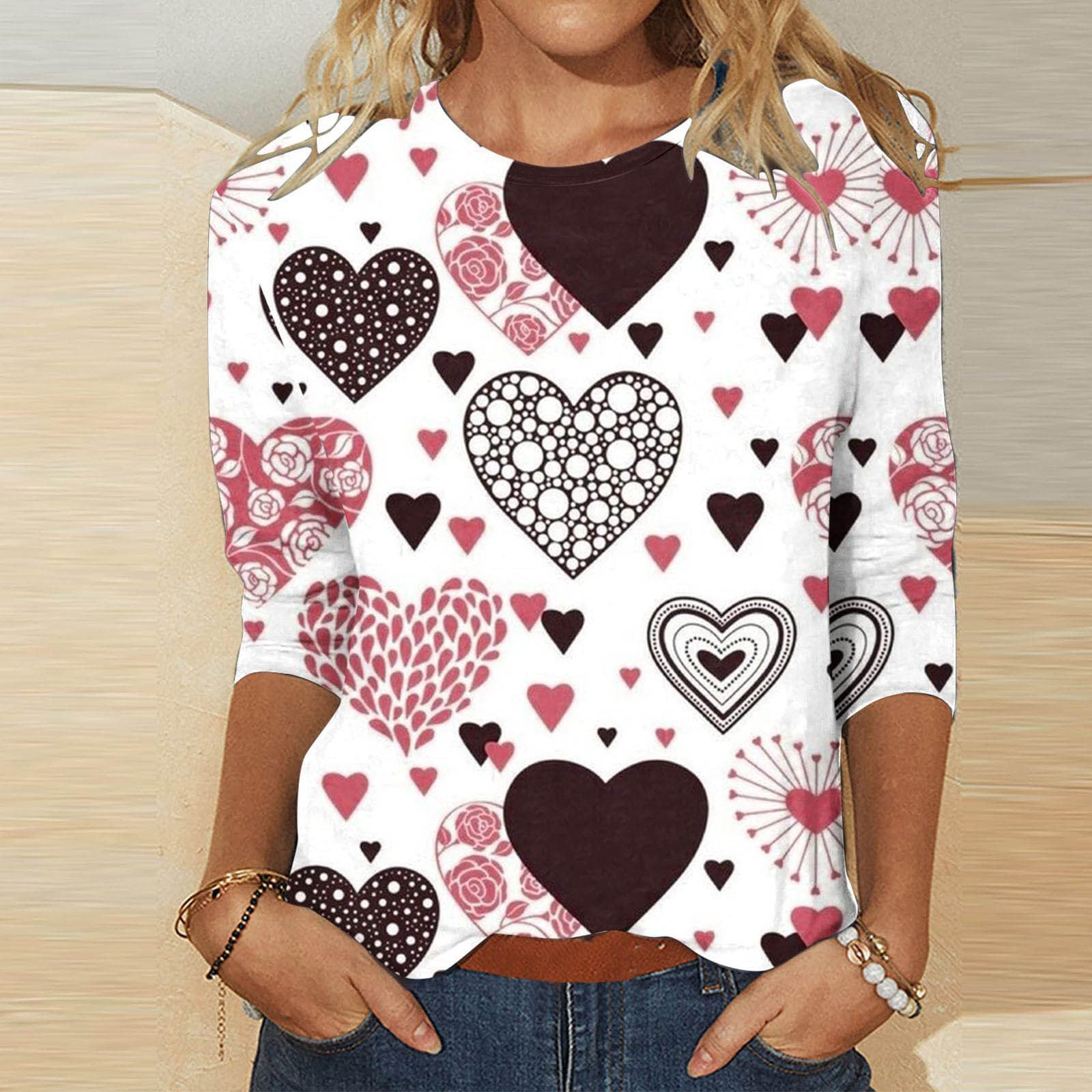 Valentine's Heart Print Casual Crew Neck T-Shirt