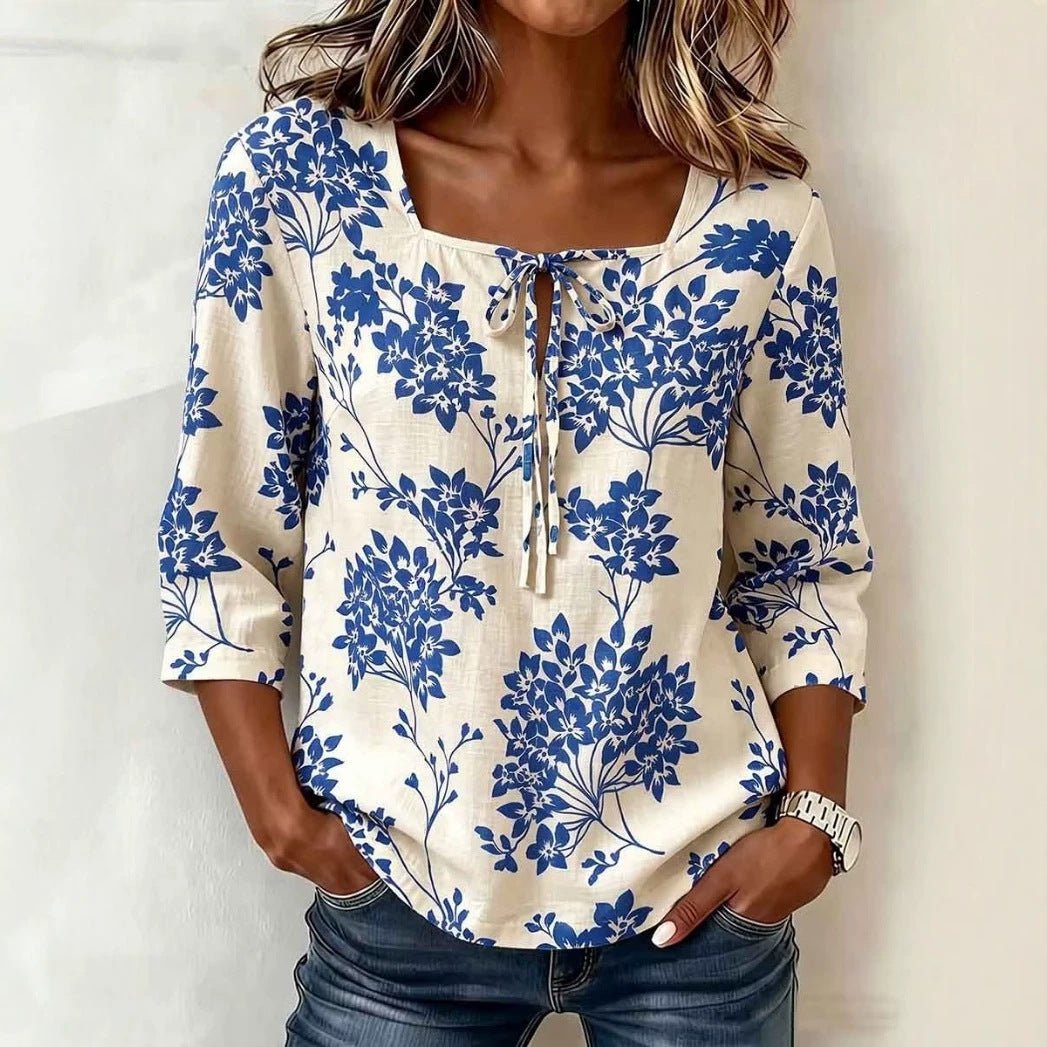 Womens Retro Printed Square-Neck Three-Quarter-Sleeve Casual Loose Top