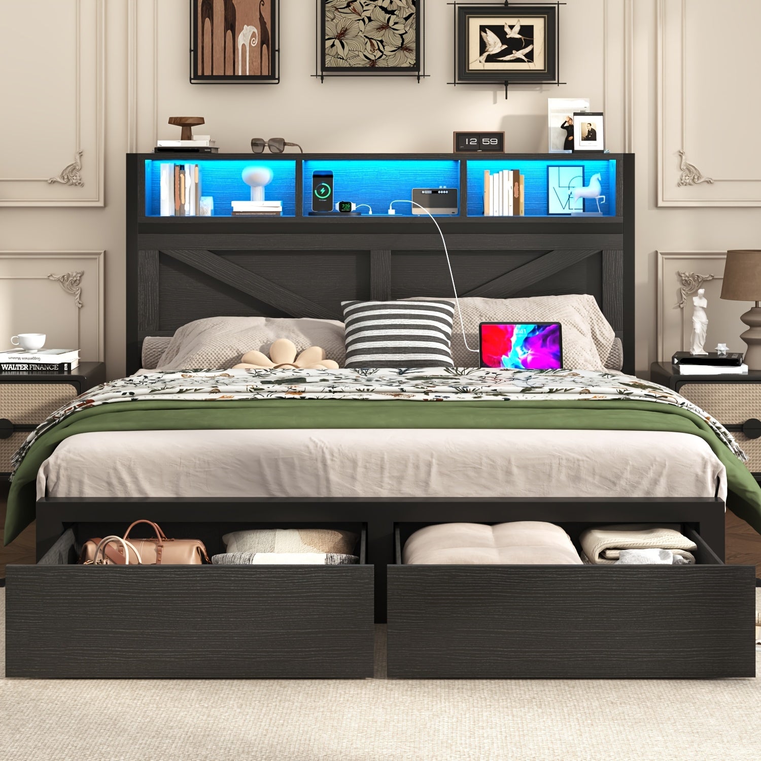 Farmhouse Bed Frame Rustic Brown Farmhouse Bed Frame with Storage Headboard | LED Lights, Charging Station, 2 Drawers, Arrow Design, No Box Spring Needed