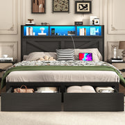 Farmhouse Bed Frame Rustic Brown Farmhouse Bed Frame with Storage Headboard | LED Lights, Charging Station, 2 Drawers, Arrow Design, No Box Spring Needed