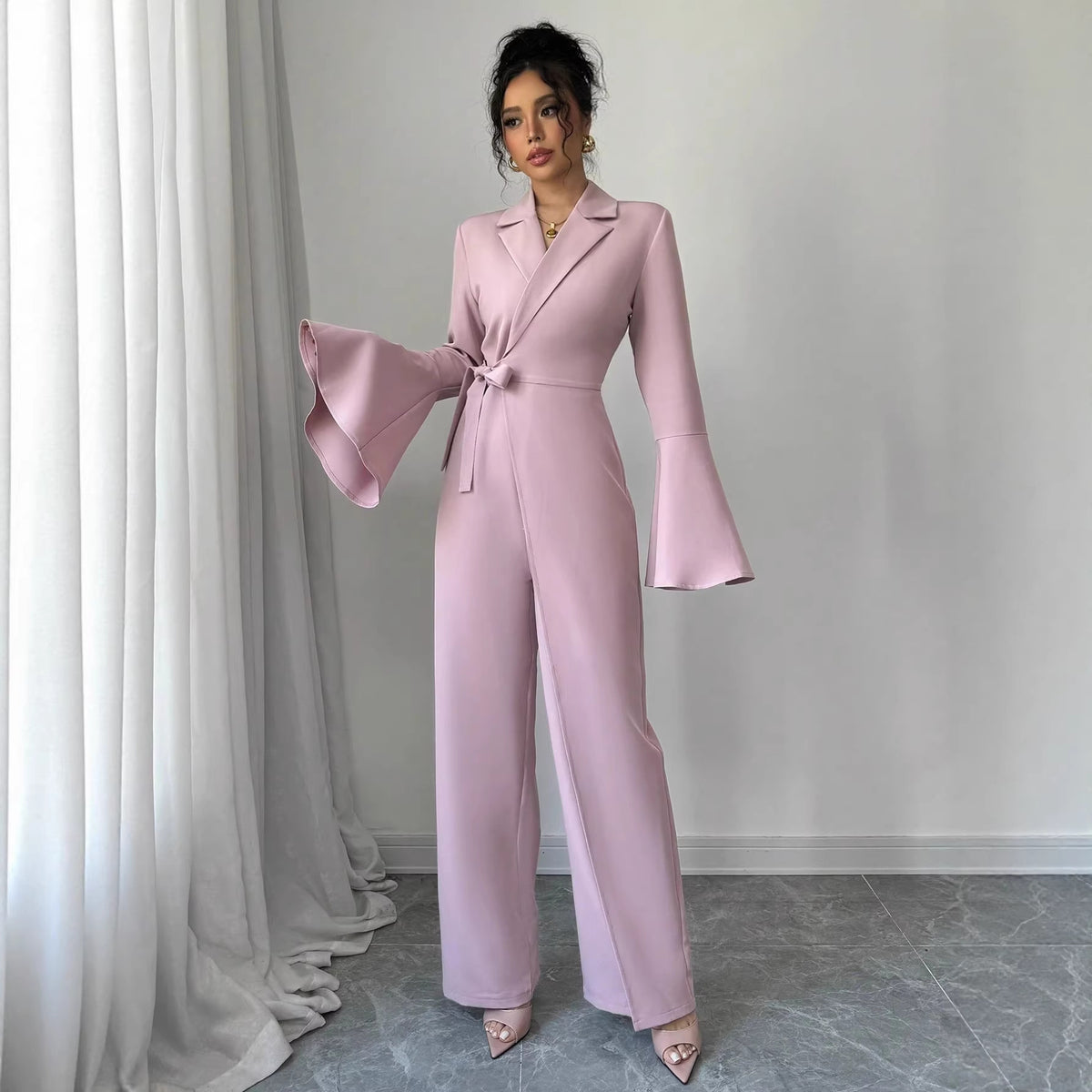 Elegant Solid Flared-Sleeve Wide-Leg Jumpsuit