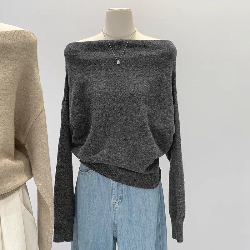 French Lazy Style Off-shoulder Loose Knit Base Sweater