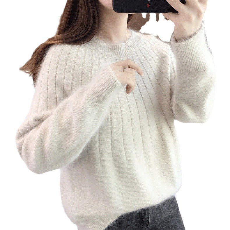 Womens Solid Color Short Pullover with Round Neck Loose Fitting Outerwear and Base Layer Knit Top