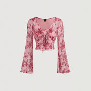 V-neck Lace Up Printed Long Sleeve Slim Women Shirt