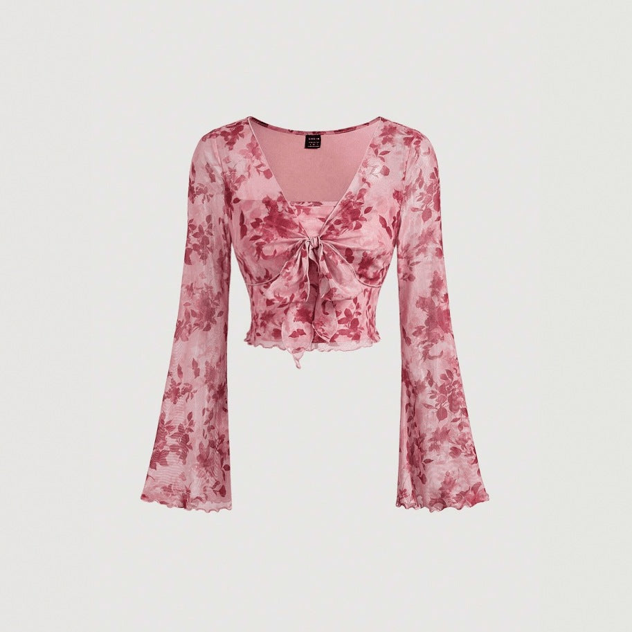 V-neck Lace Up Printed Long Sleeve Slim Women Shirt
