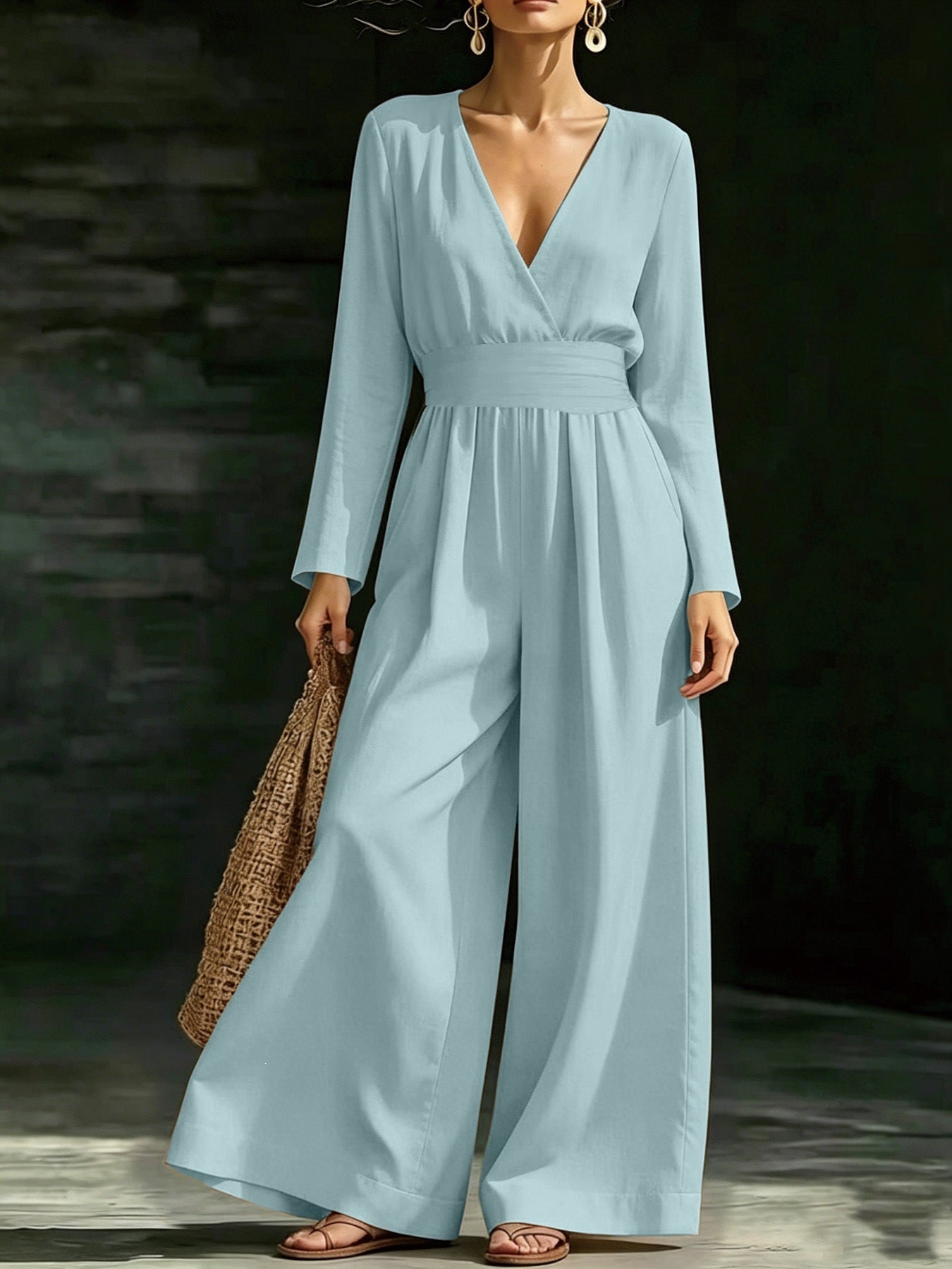 Elegant Long-Sleeve V-Neck Knit Jumpsuit for Women