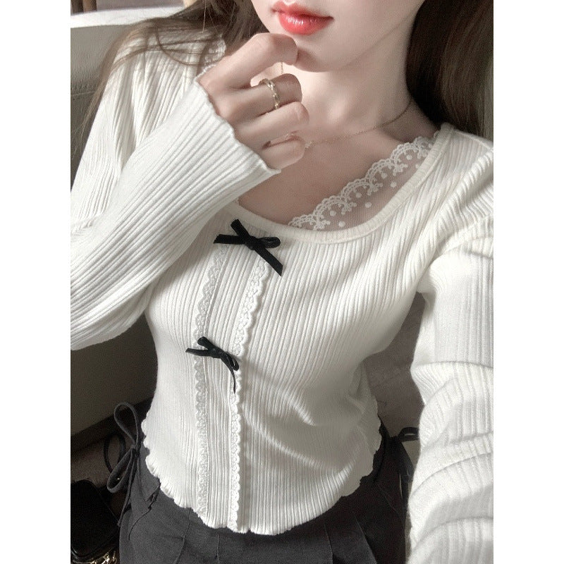 Bow Lace Stitching Long Sleeve T-shirt Women's Bottoming Top