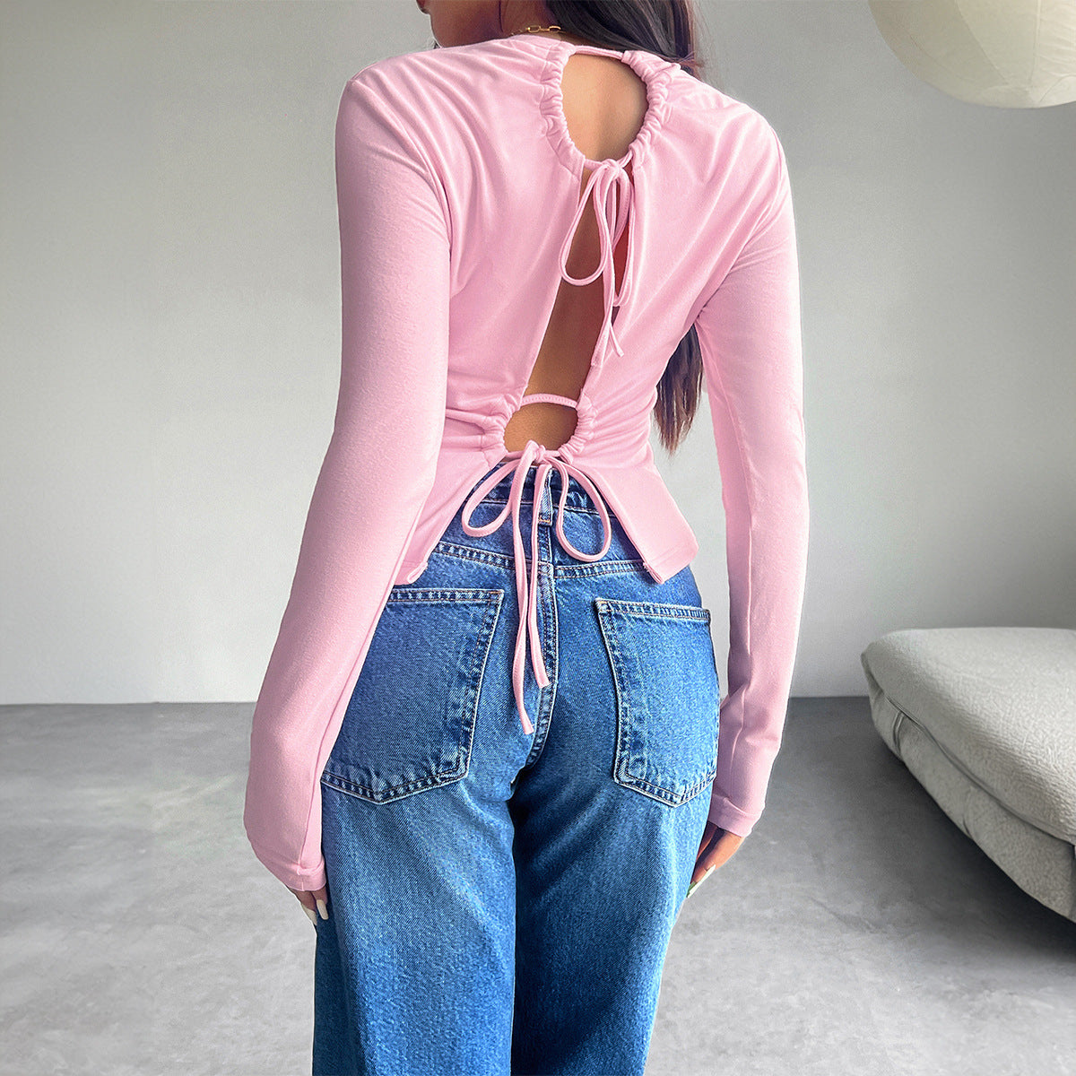 Y2K Backless Pleated Long-Sleeve Slim Knit Top