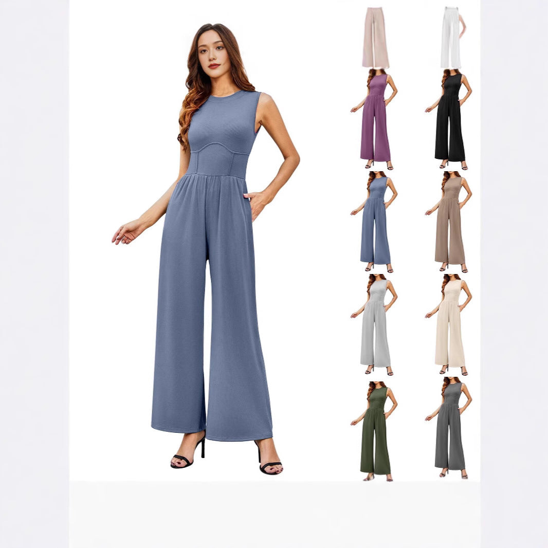Womens Round-neck Solid-color Sleeveless Slim-fit Long Casual Jumpsuit