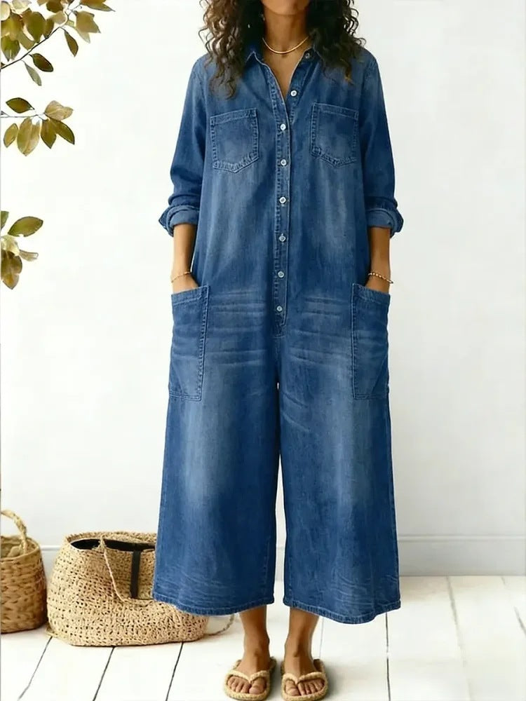 Women's Casual Denim Shirt Jumpsuit with Pockets
