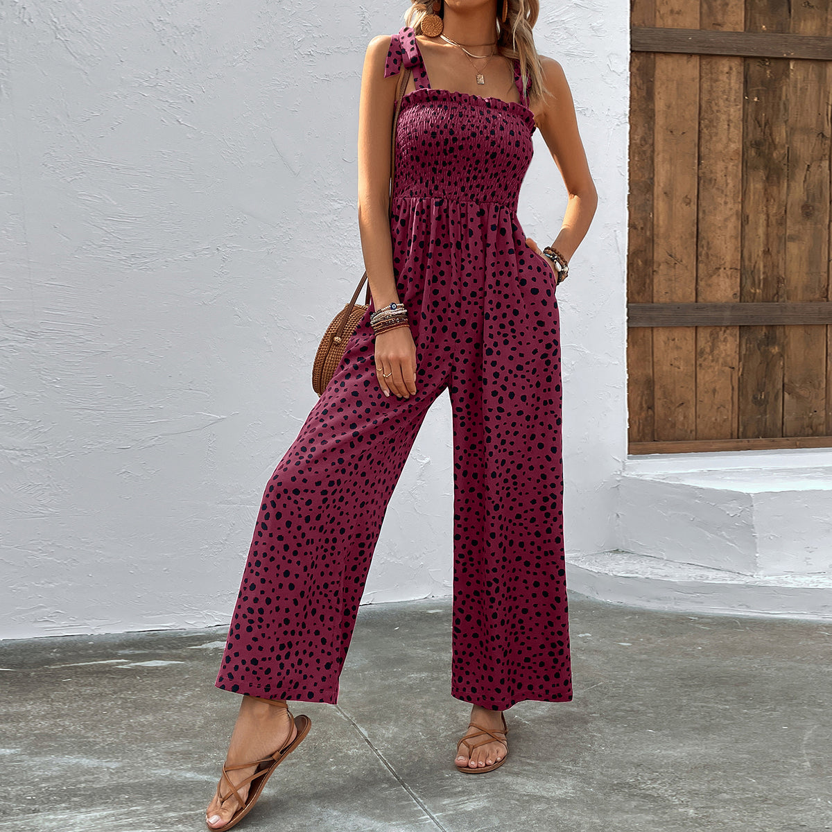 Chic Polka Dot Wide-Leg Jumpsuit with Pockets