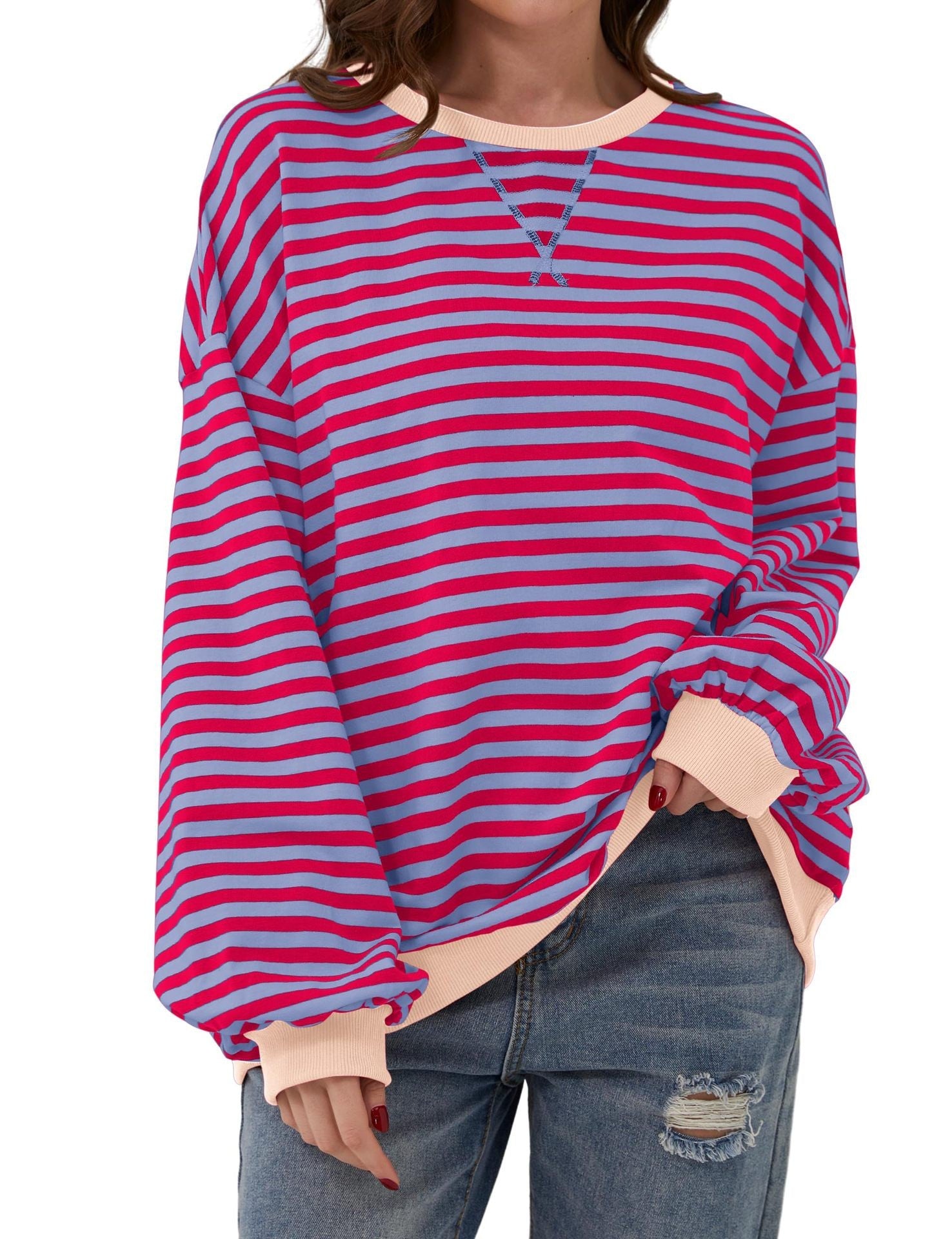 Casual Striped Round Neck Long Sleeve Slim Pullover Top
