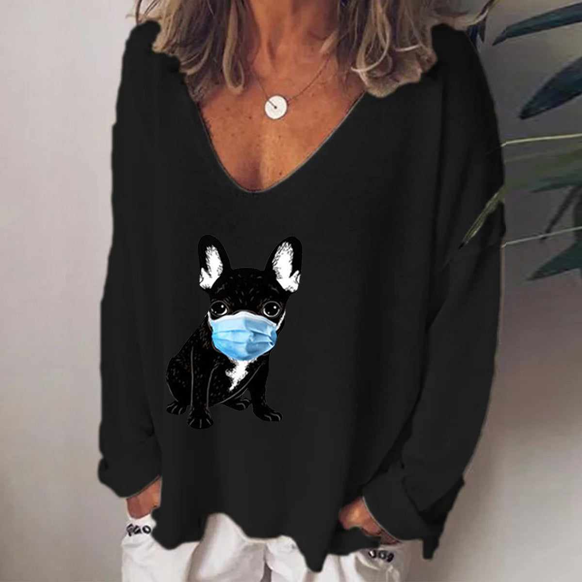 Cute Puppy Print V-Neck Long Sleeve Women's T-Shirt