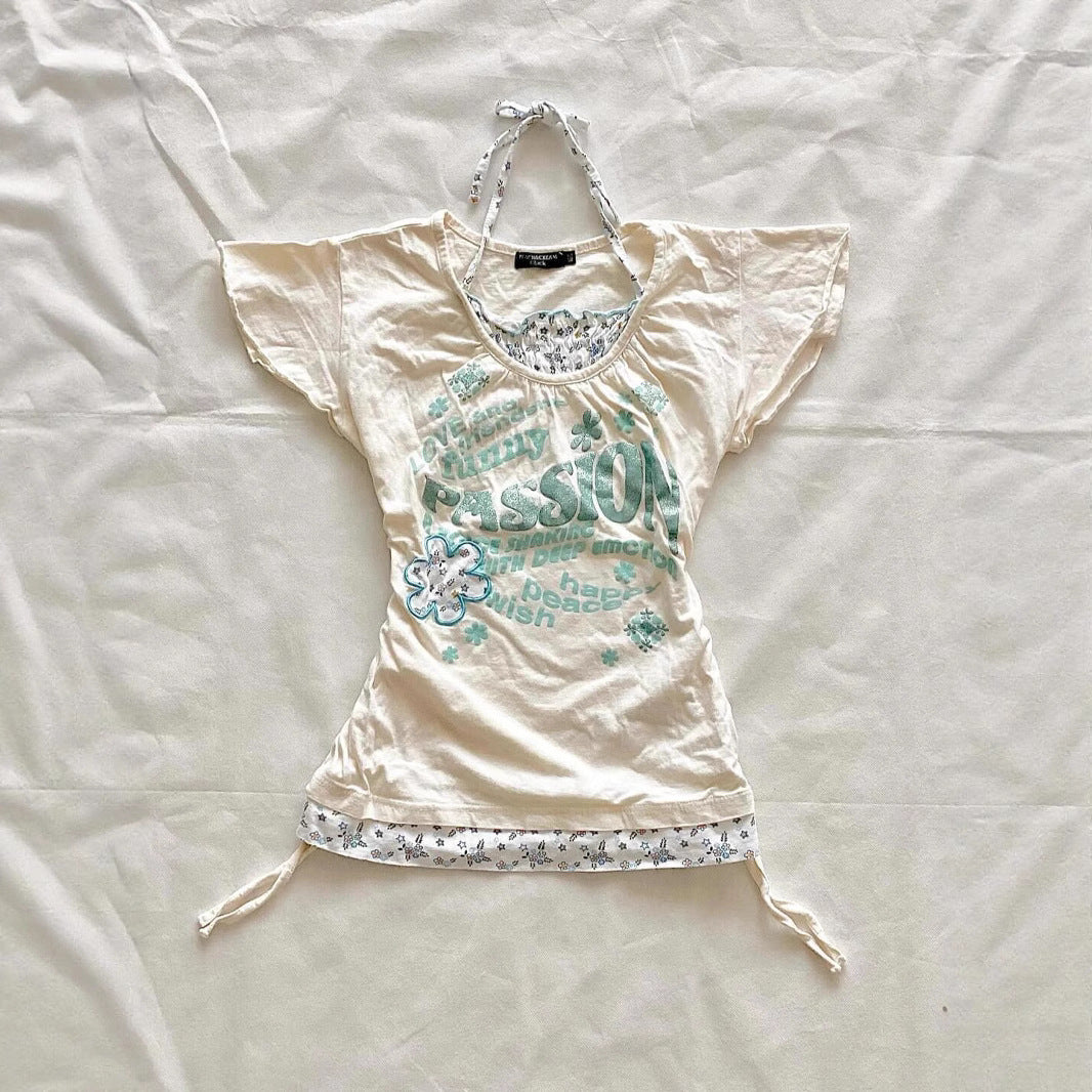 Retro Patchwork Floral T-Shirt – Slim Fit, Lace-Up Detail