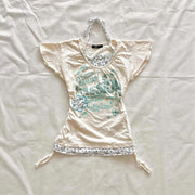 Retro Patchwork Floral T-Shirt – Slim Fit, Lace-Up Detail