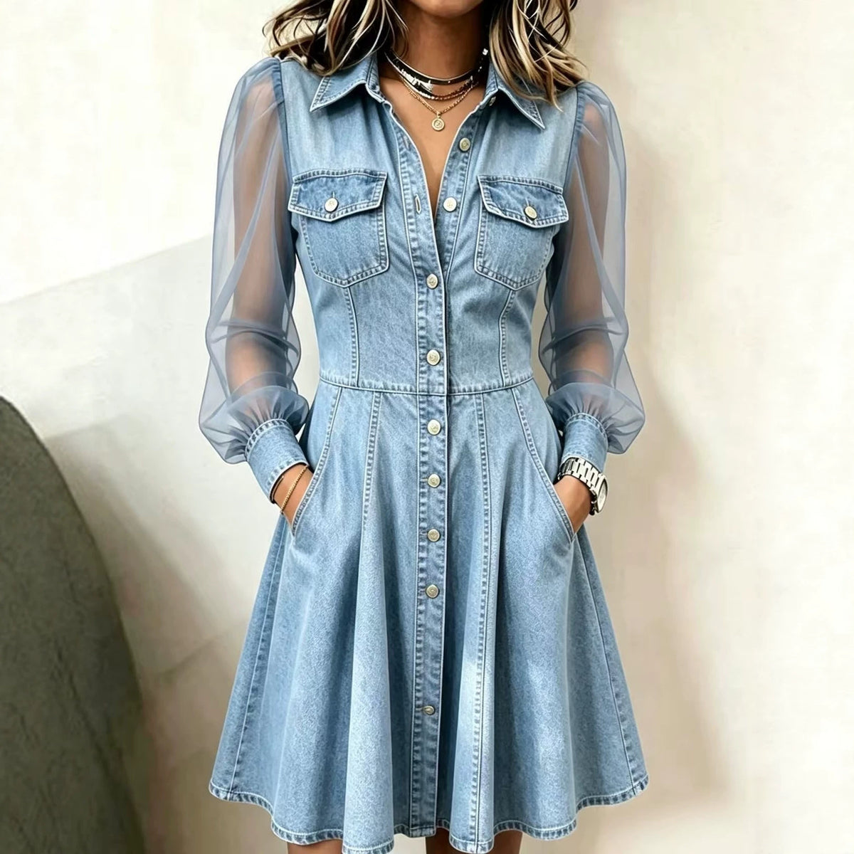 Faux Denim Patchwork Mesh Long Top