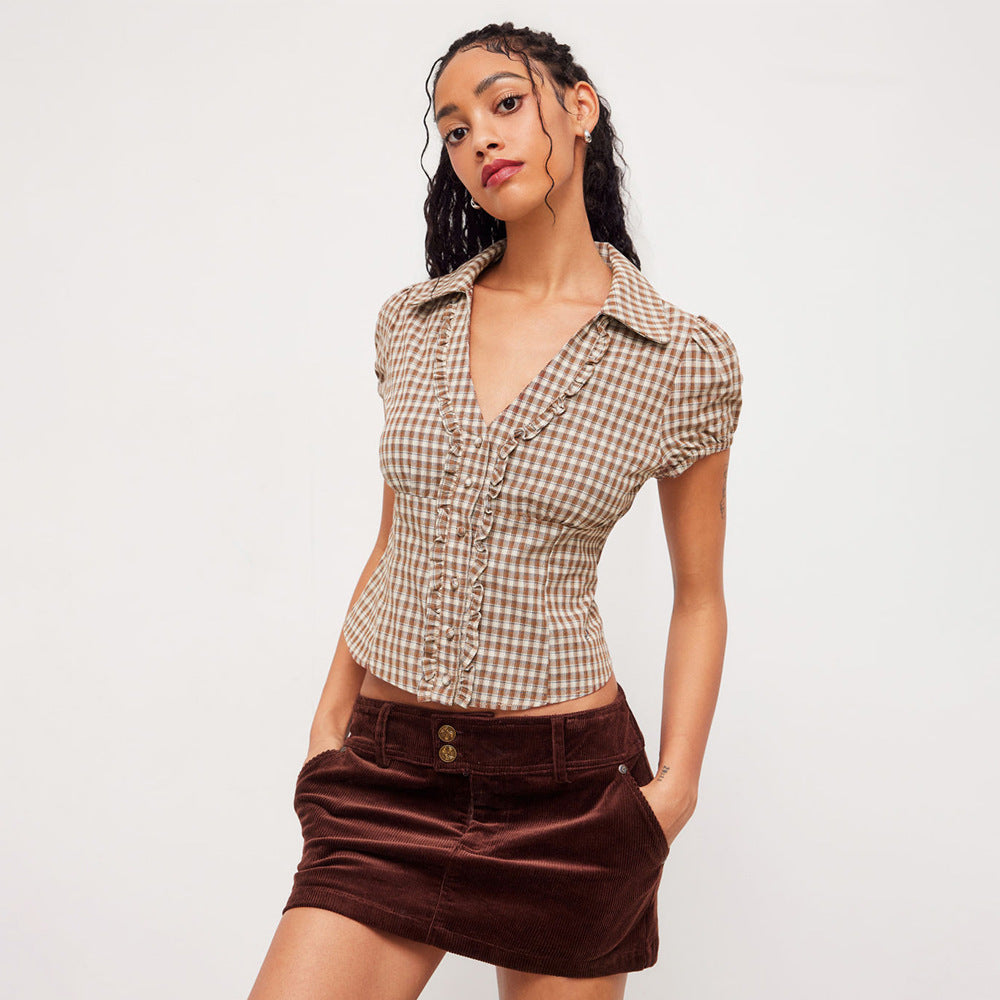 Women's Retro Plaid Lace-Up Small Lapel Shirt