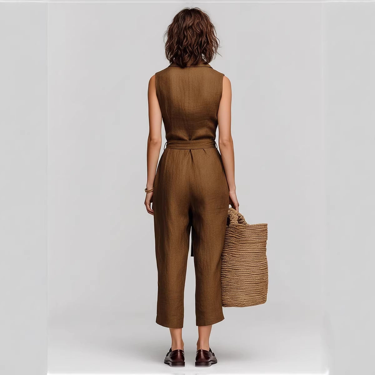 Retro Sleeveless Lapel Collar Lace-up Jumpsuit Womens Clothing
